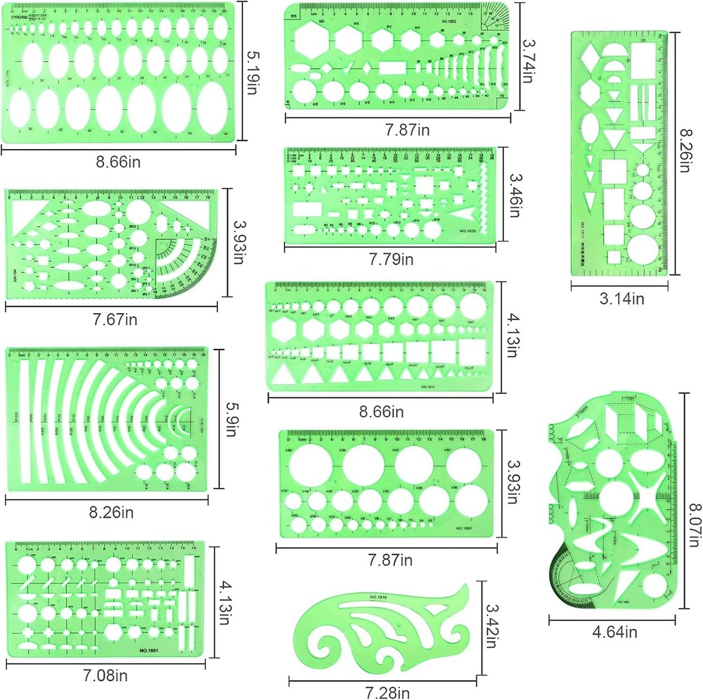 11PCS Geometric Drawings Templates, Drafting Stencils Measuring Tools,