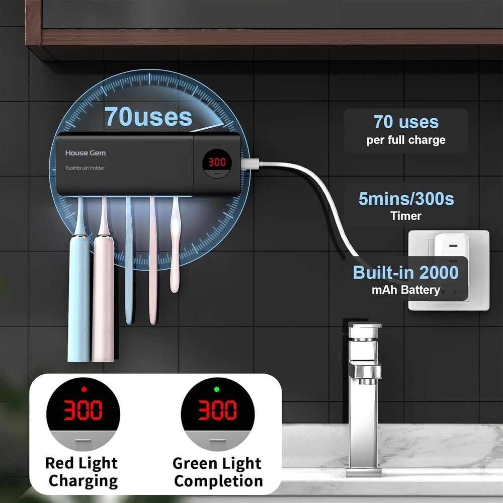 Toothbrush Holder, Timer Function, 2000mAh Rechargeable Cordless Wall-Mounted...