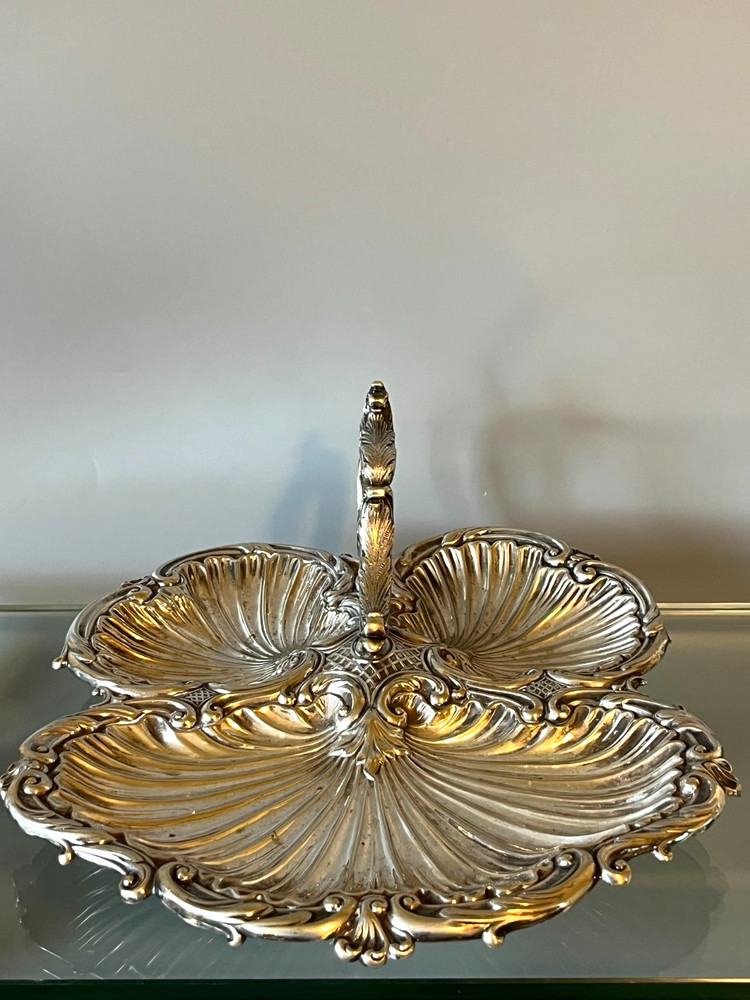 Antique Silver Plate Triple Shell Footed Serving Tray