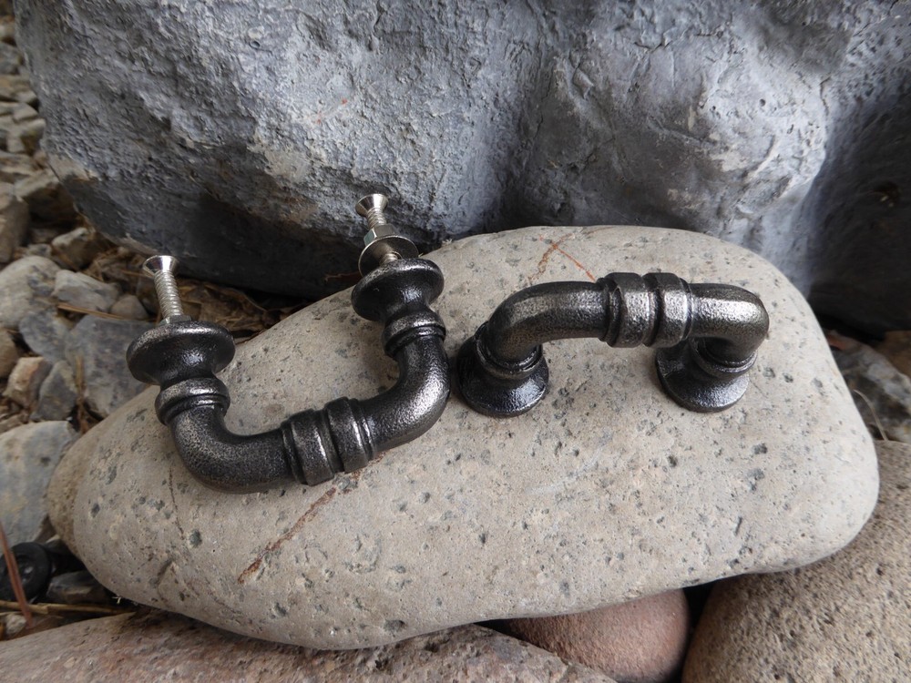 Small Antique Nickel Silver PIPE HANDLE Drawer Pull Industrial Modern Steampunk