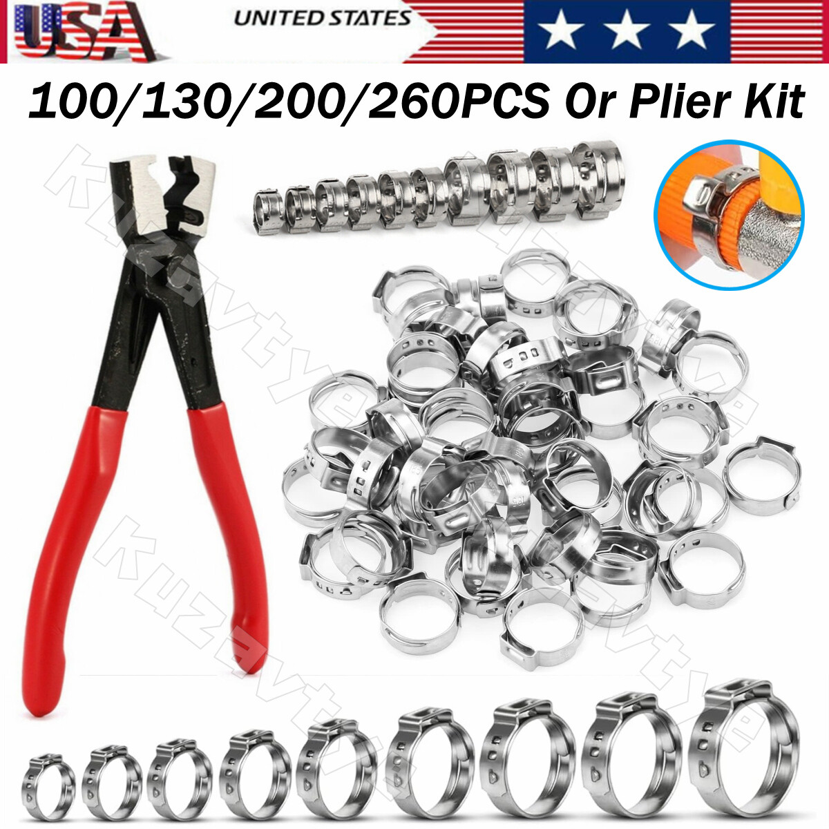 100/130X High Pressure Fuel Hose Clamps Stepless Stainless Steel Single Ear Clip