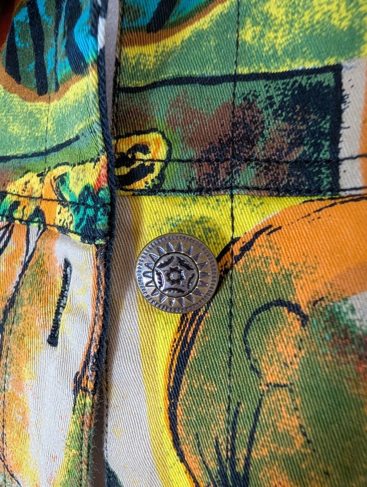 Kaktus Artsy Jacket Womens Medium 3/4 Sleeves Faces Stretch Button Front Boho