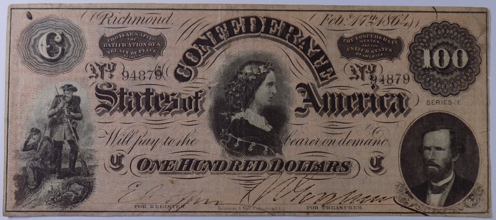 1864 $100 Confederate States of America Lucy T-65 VF