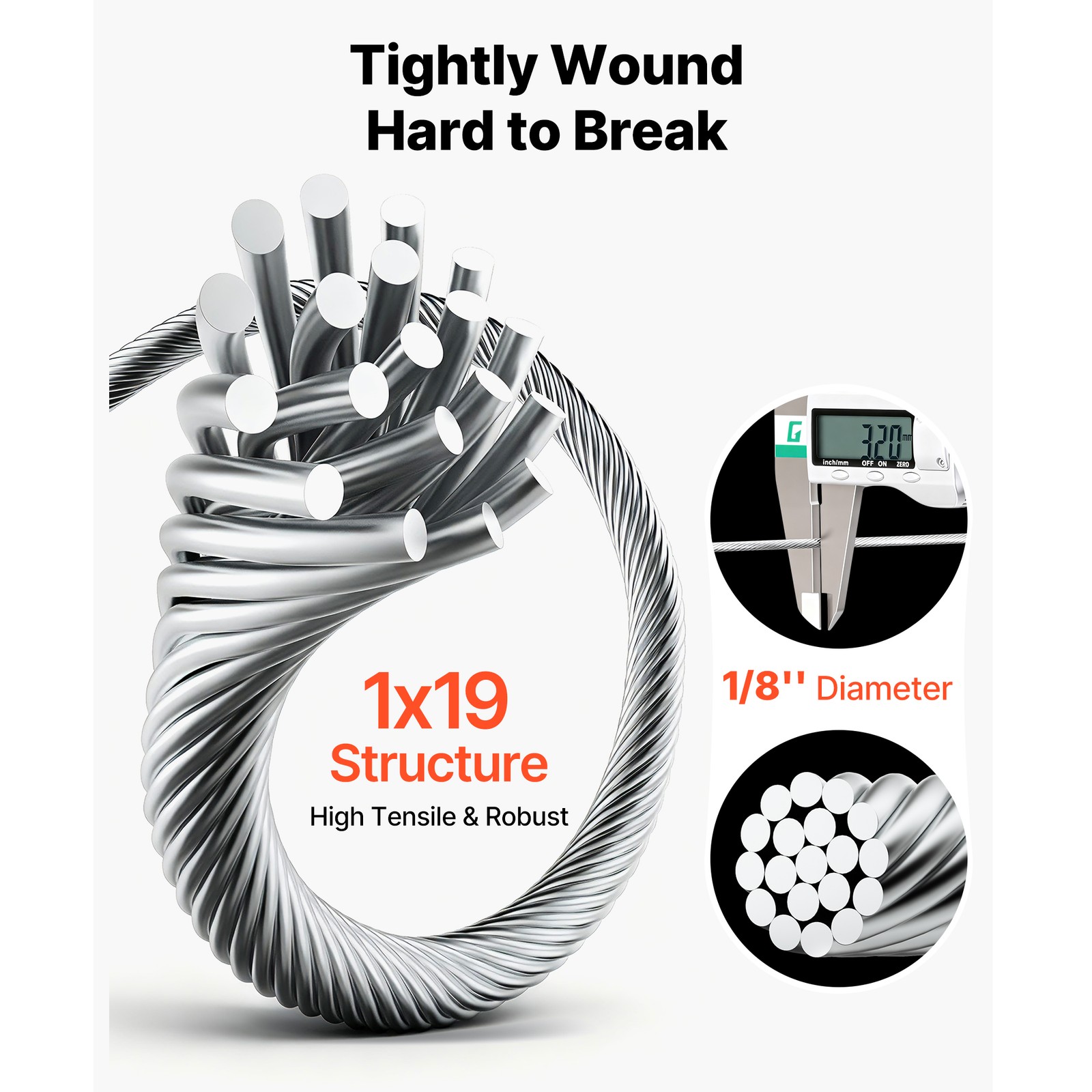 Uimoso 316 Stainless Steel 1/8 in Wire Rope, 1x19 Strand, 500 ft for Railing