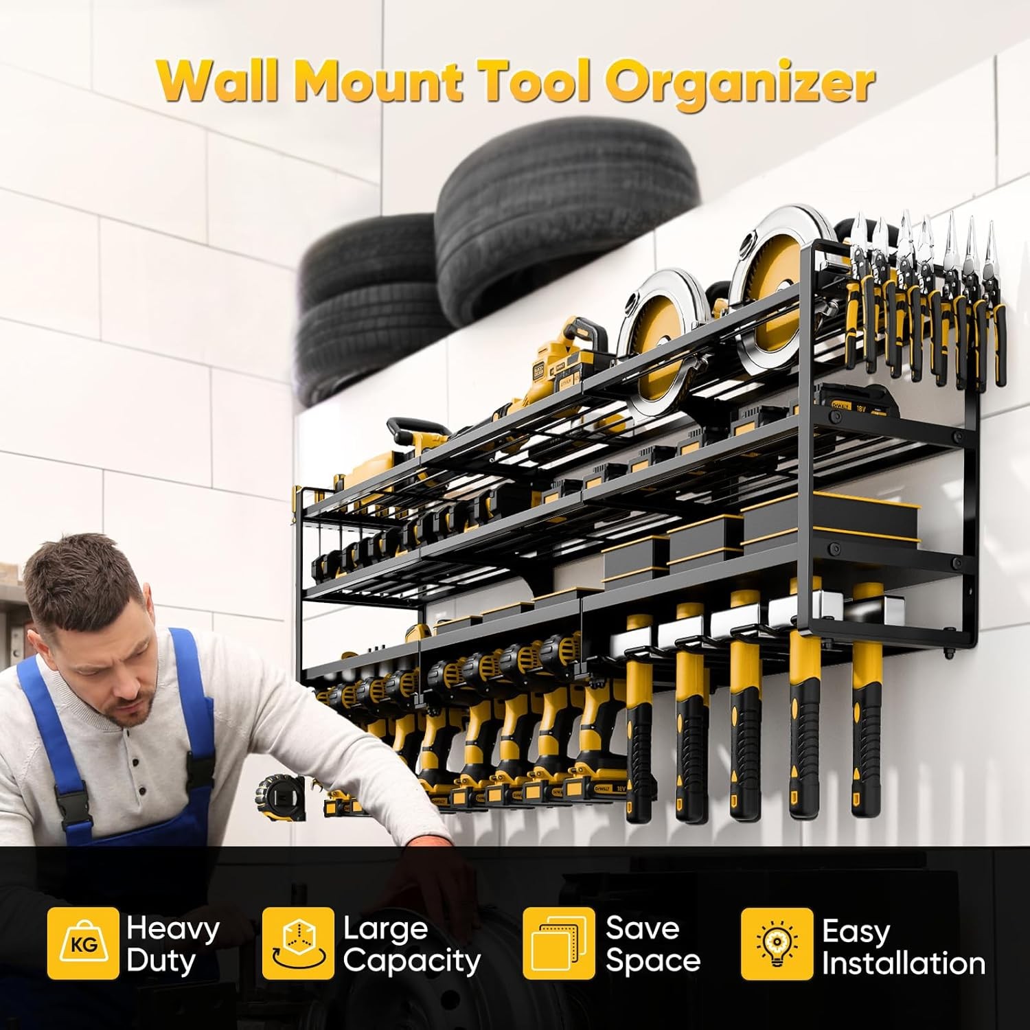 Heavy Duty Power Tool Organizer Wall Mount, Cordless 4 Drill Hanger Storage Rack