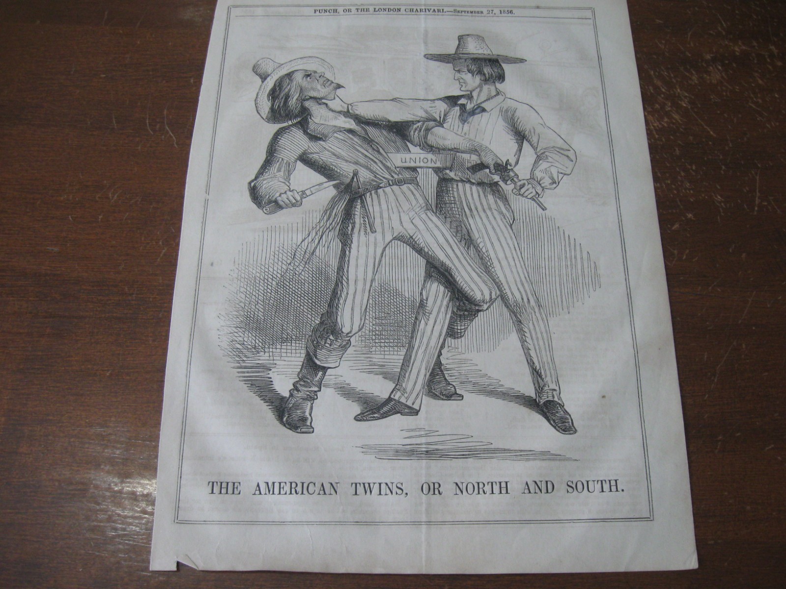 1856 Original POLITICAL CARTOON - NORTH SOUTH America FIGHT Knife Pistol UNION