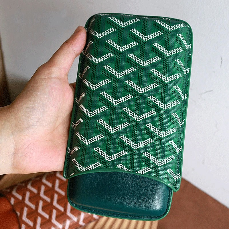 Leather Cigar Holder Case Humidor 3 Cigars Cedar Wood Green
