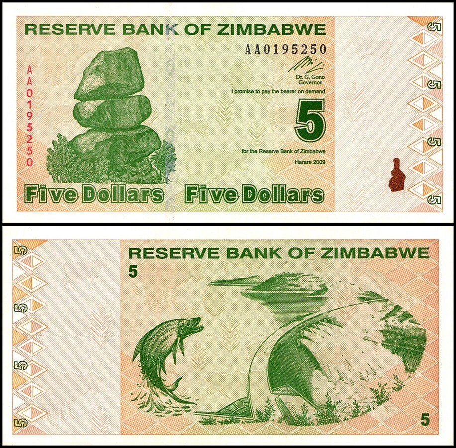 Zimbabwe 5 Dollars, 2009, P-93, Used