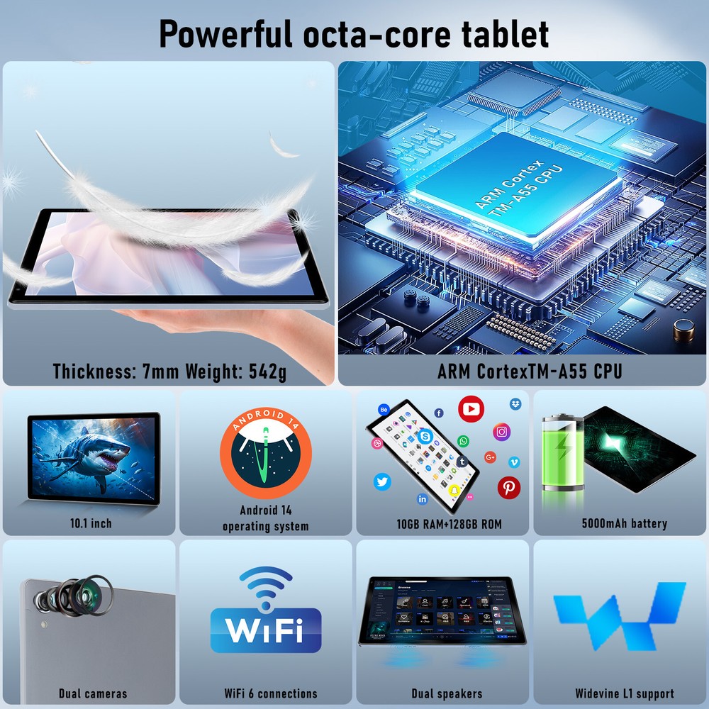 10.1 inch Android 14 Tablet 24GB+128GB IPS Touchscreen Octa-core Processor Wi-Fi