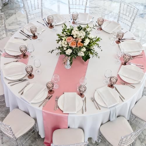 16Pcs Round Plastic Tablecloth and Satin Table Runner Set 84 Inch Round White