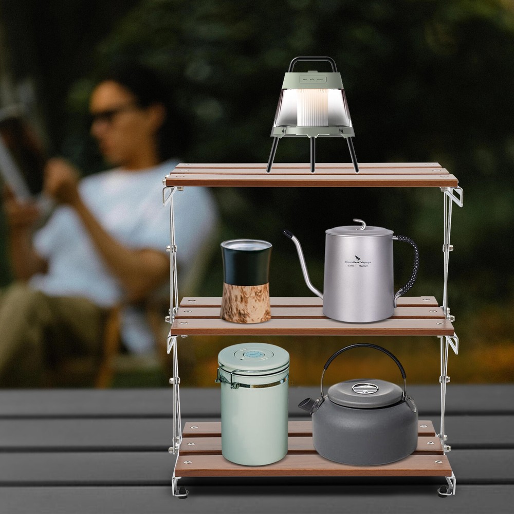 Camping Folding Storage Rack 3-Tier Natural Wood Desktop organizing Rack
