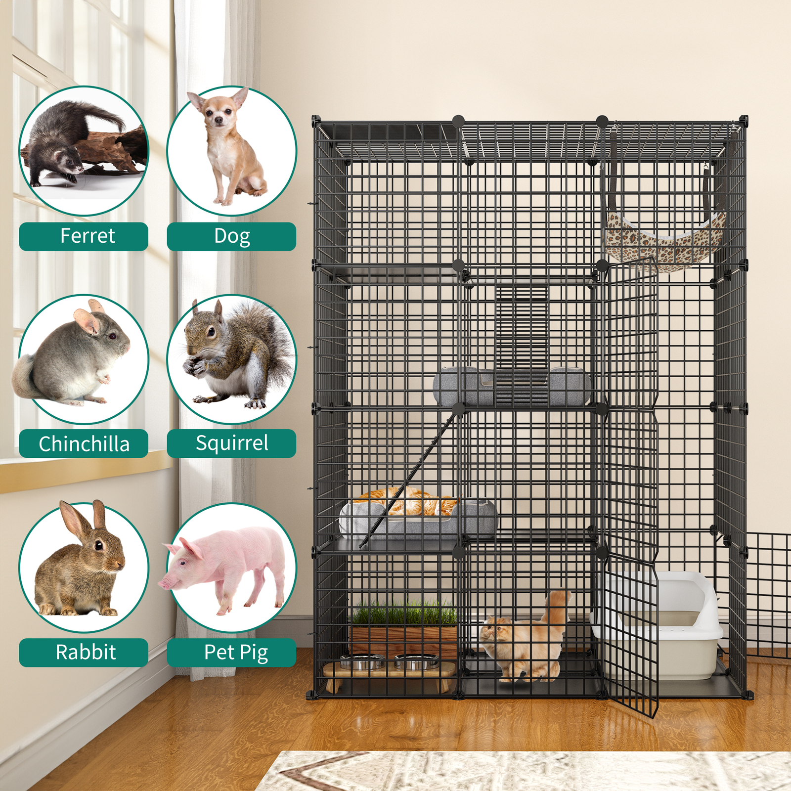 4-Tier Large Cat Cage Enclosure Metal Wire Kennel DIY Playpen Catio with Hammock