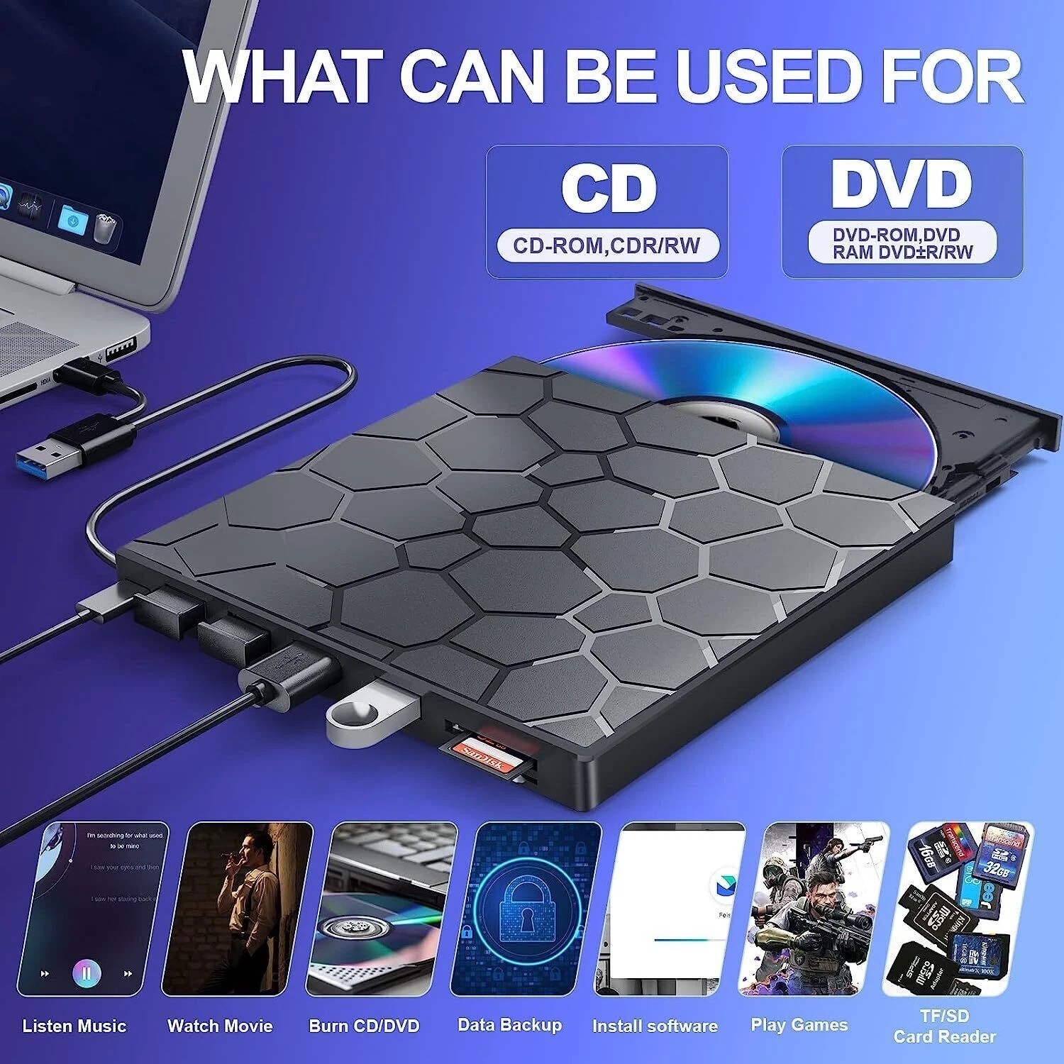 Slim External CD DVD RW Drive USB 3.0 Writer Burner Player Black For Laptop PC