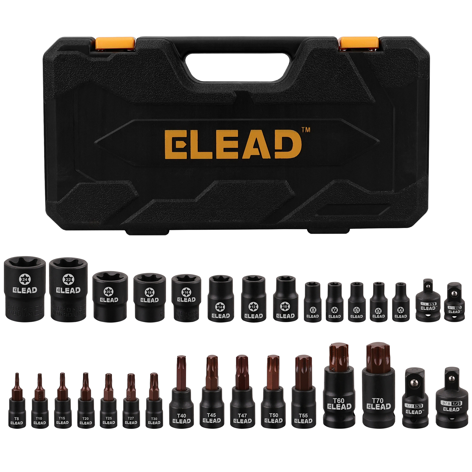 31PC Torx Bit Socket Set T8-T70 & E-Torx E4-E24 S2 Alloy Steel Star Premium CR-V