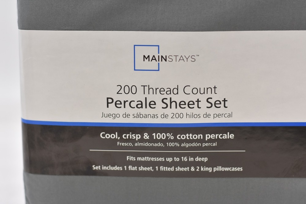Mainstays 200 Thread Count 4 Piece Percale Sheet Set in Dark Grey, King