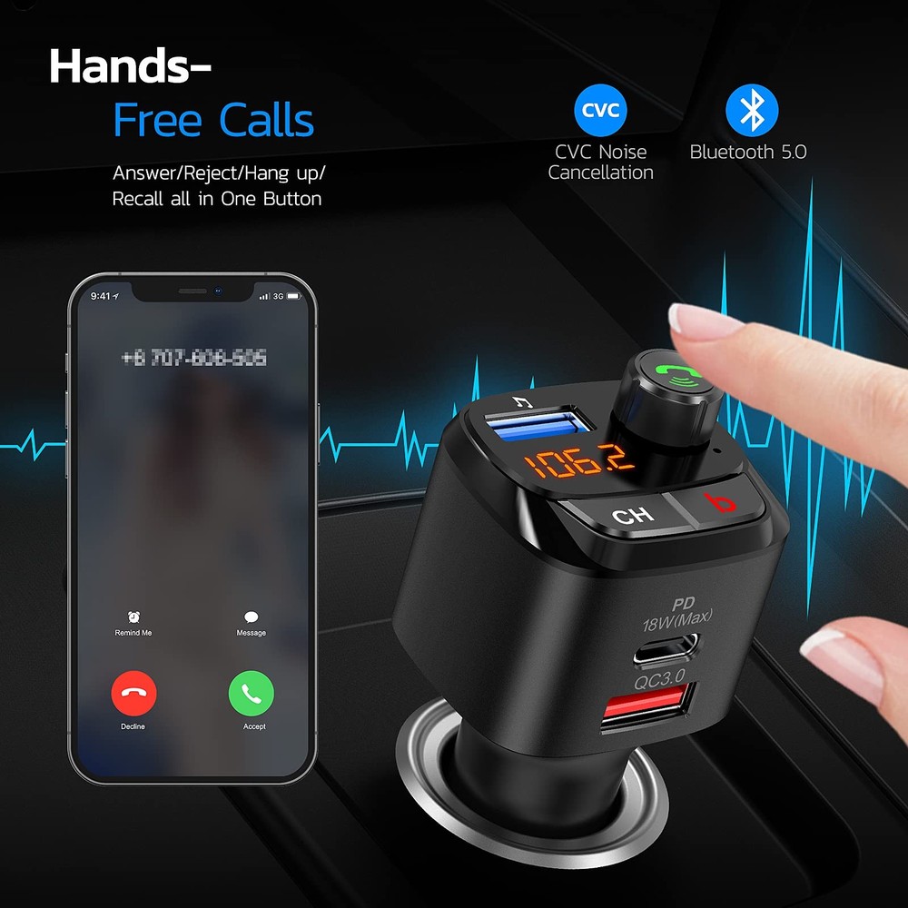 Nulaxy Bluetooth 5.0 FM Transmitter for Car, QC3.0 & USB-C PD Small, Black