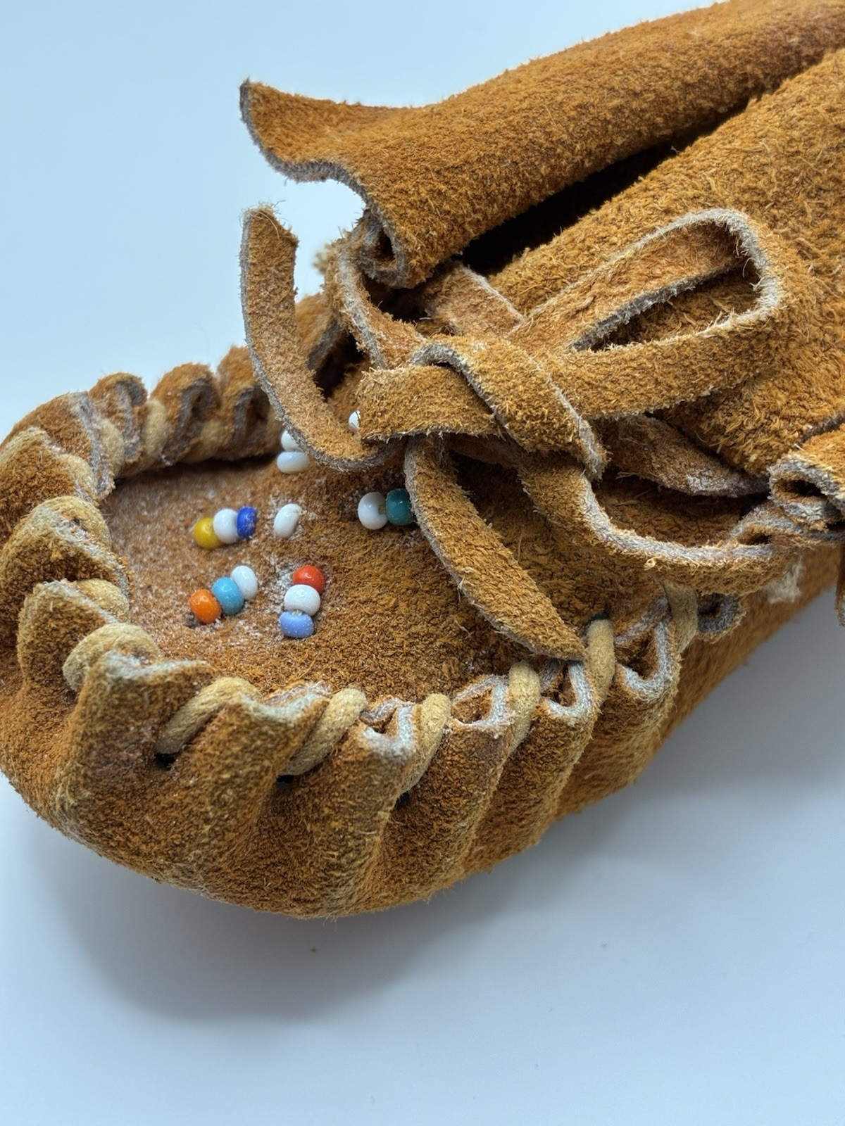 Antique 1960s–70s Handmade Suede Leather Beaded Moccasins Baby Toddler