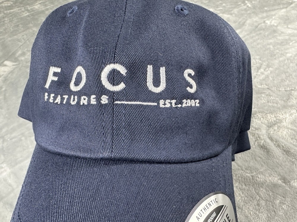 Focus Features Logo Hat Strap Back Cap Blue White Spell Out Adjustable Sizing