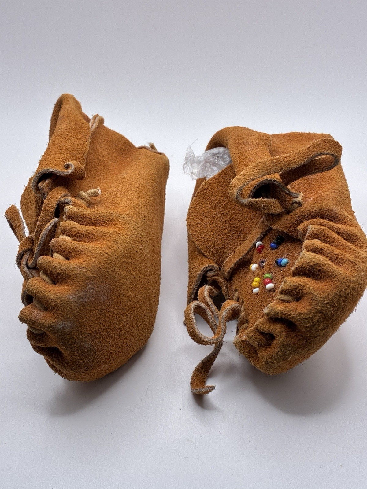 Antique 1960s–70s Handmade Suede Leather Beaded Moccasins Baby Toddler