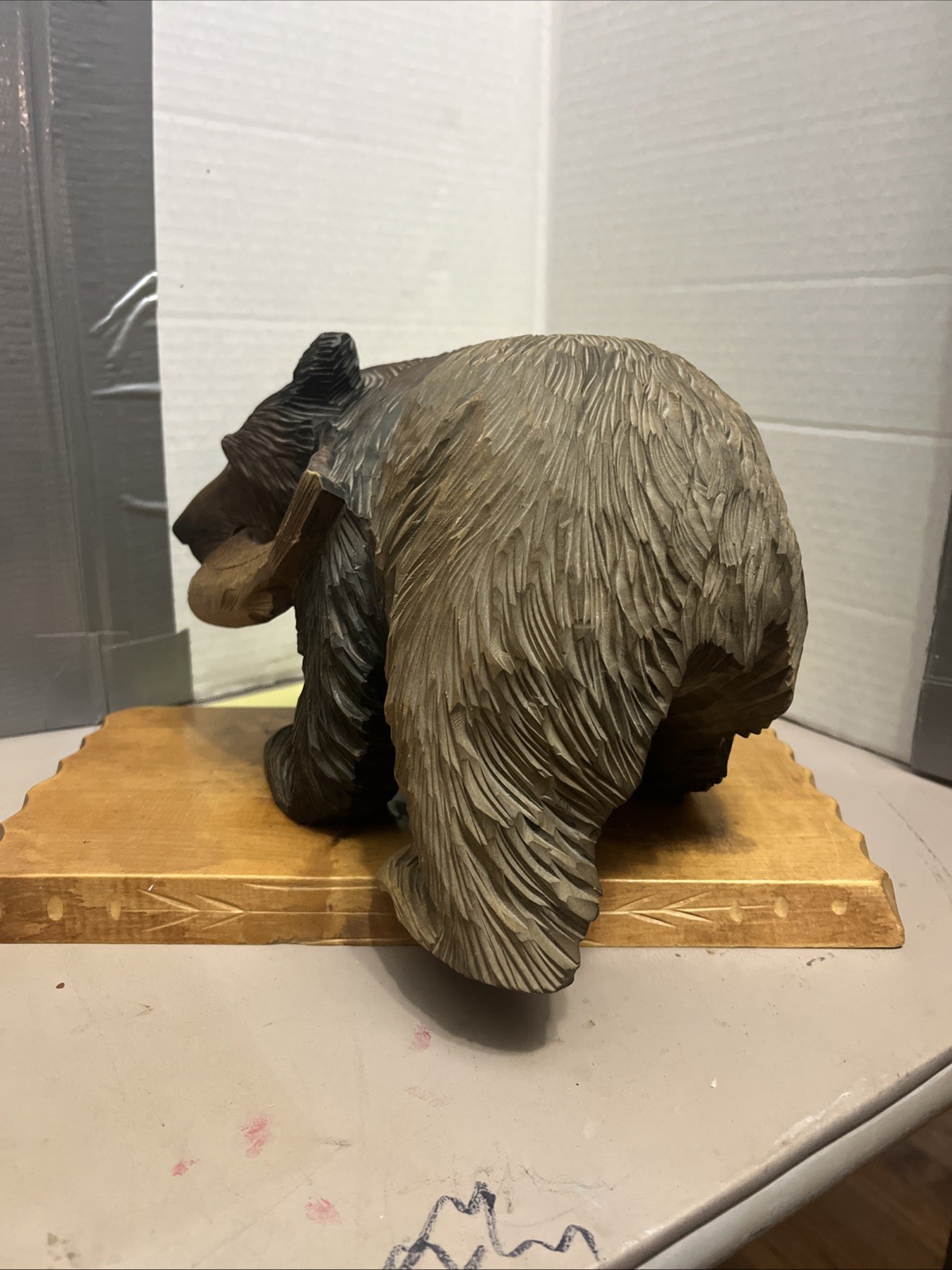 Japanese Style 13” W x 7” L x 9” T Wooden Ainu Bear With Salmon Statue With Base