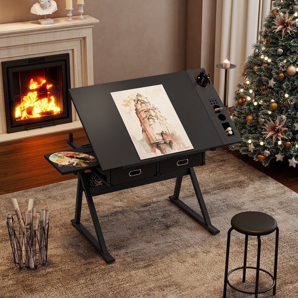 Adjustable Drafting Table Drawing Desk Artist Art Craft Table w/Storage & Stool