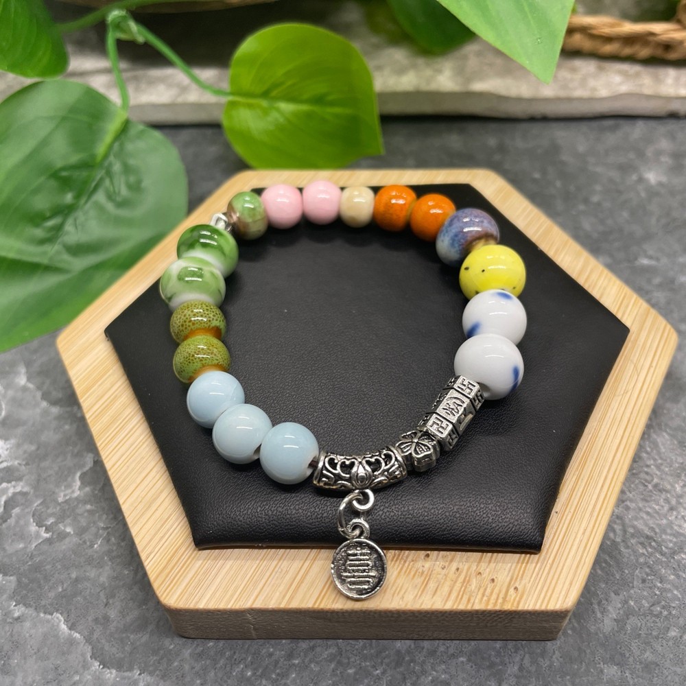 Handmade Ceramic Bead Beaded Stackable 6.25” Plus Stretch Bracelet New B486