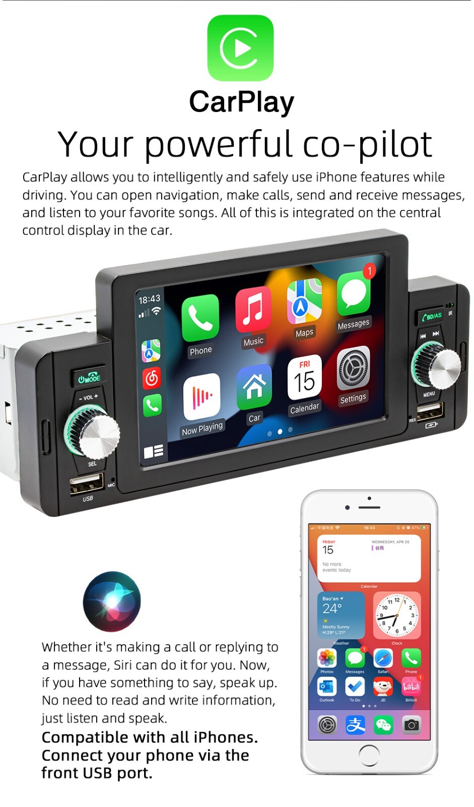 Single Din Car Stereo Radio Bluetooth MP5 Player For Apple Carplay Android Auto