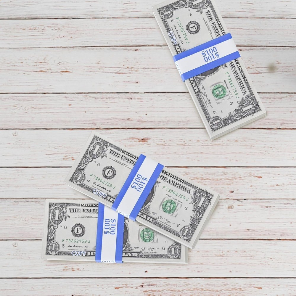 100 Pack Blue $100 Currency Straps - Self-Adhesive Bill Wrappers for Quick Sort