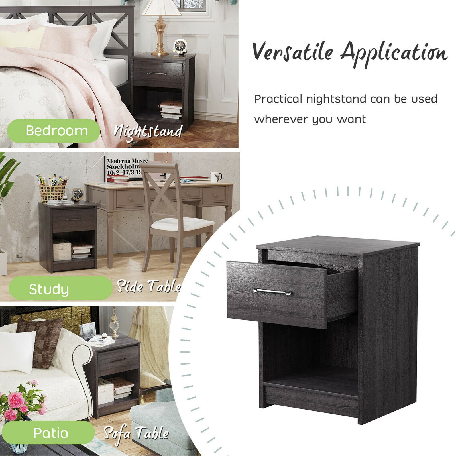 Nightstand with Drawer Storage Shelf Wooden End Side Table Bedroom Black