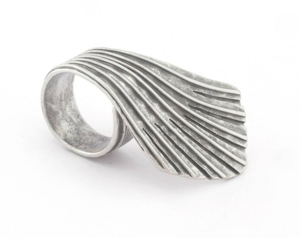 Leaf Hammered Ring Adjustable Antique Silver Plated Brass 7-9us inner size 4808