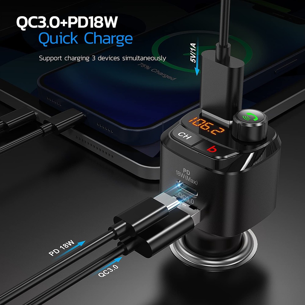 Nulaxy Bluetooth 5.0 FM Transmitter for Car, QC3.0 & USB-C PD Small, Black