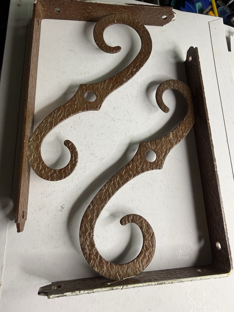 Vintage Hammered Steel Shelf Brackets Rustic Scroll Wall Mount Pair