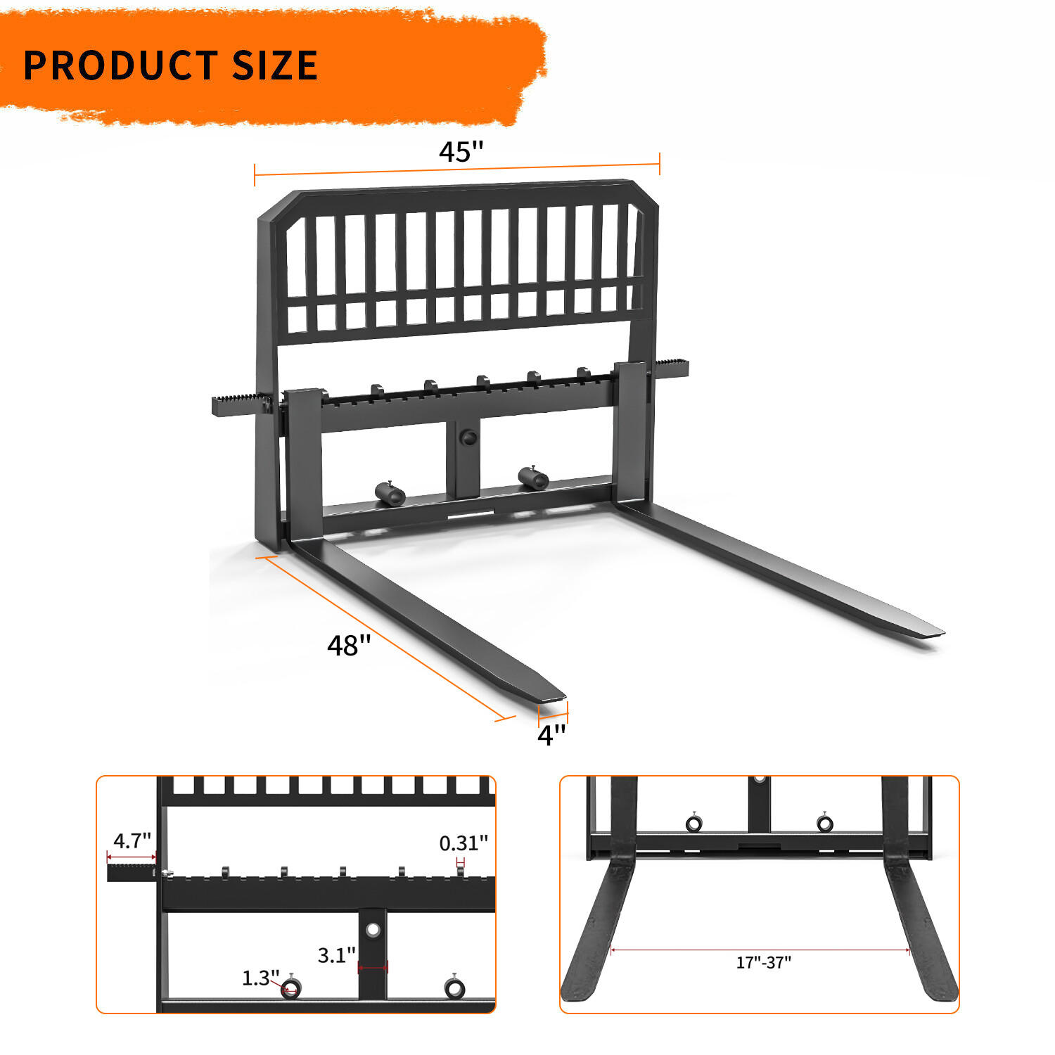 Skid Steer Tractor Attachment: 45" Frame W/ 48" Blades Pallet Fork 4000LBS Heavy