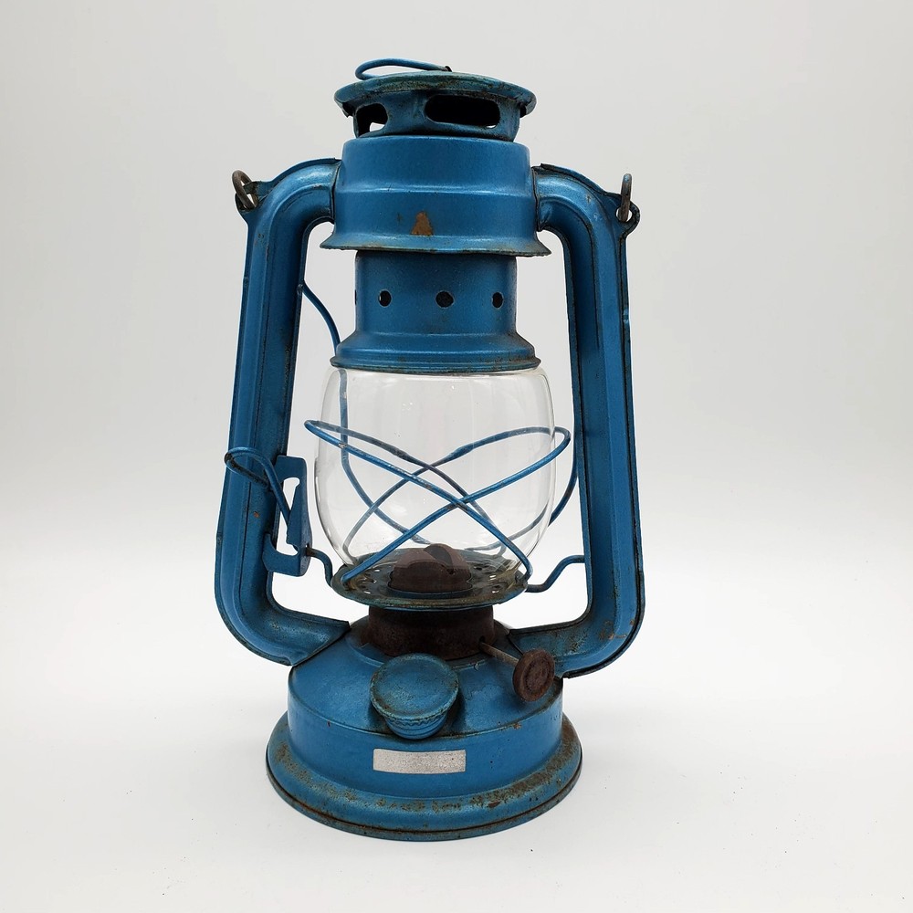 Vintage Blue Lantern Slightly rusty. May work? Great Decor