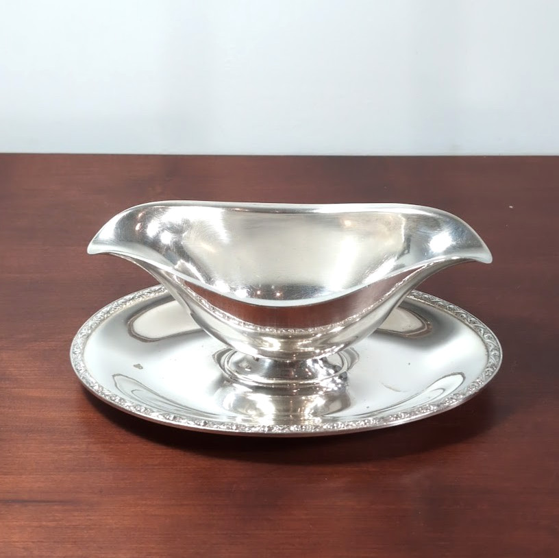 Vintage FESTIVAL Silverplate Double Spout Gravy Boat w/ Attached Under plate