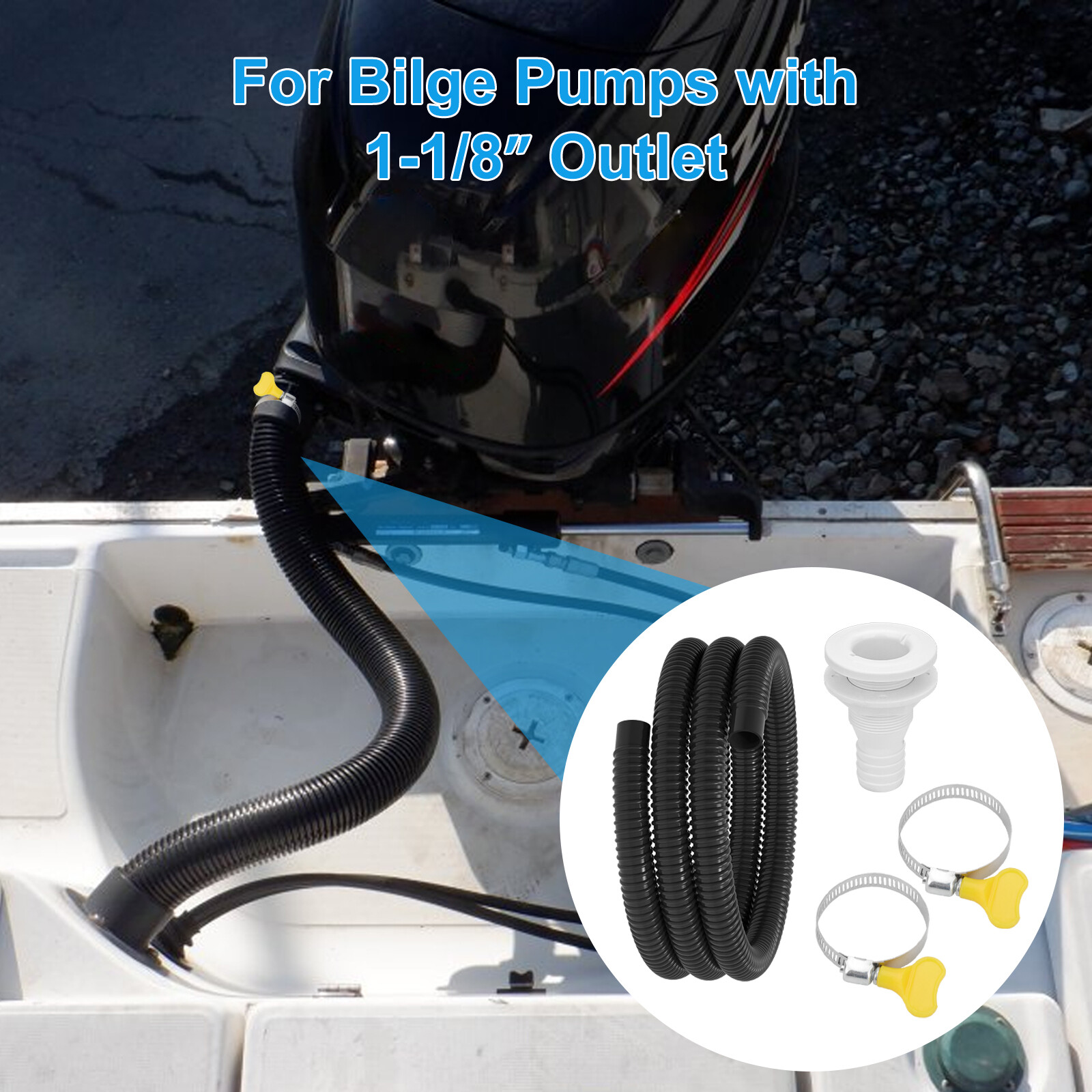 1-1/8" Dia 6ft Bilge Pump Hose with Thru-Hull Fitting Stainless Steel Clamp
