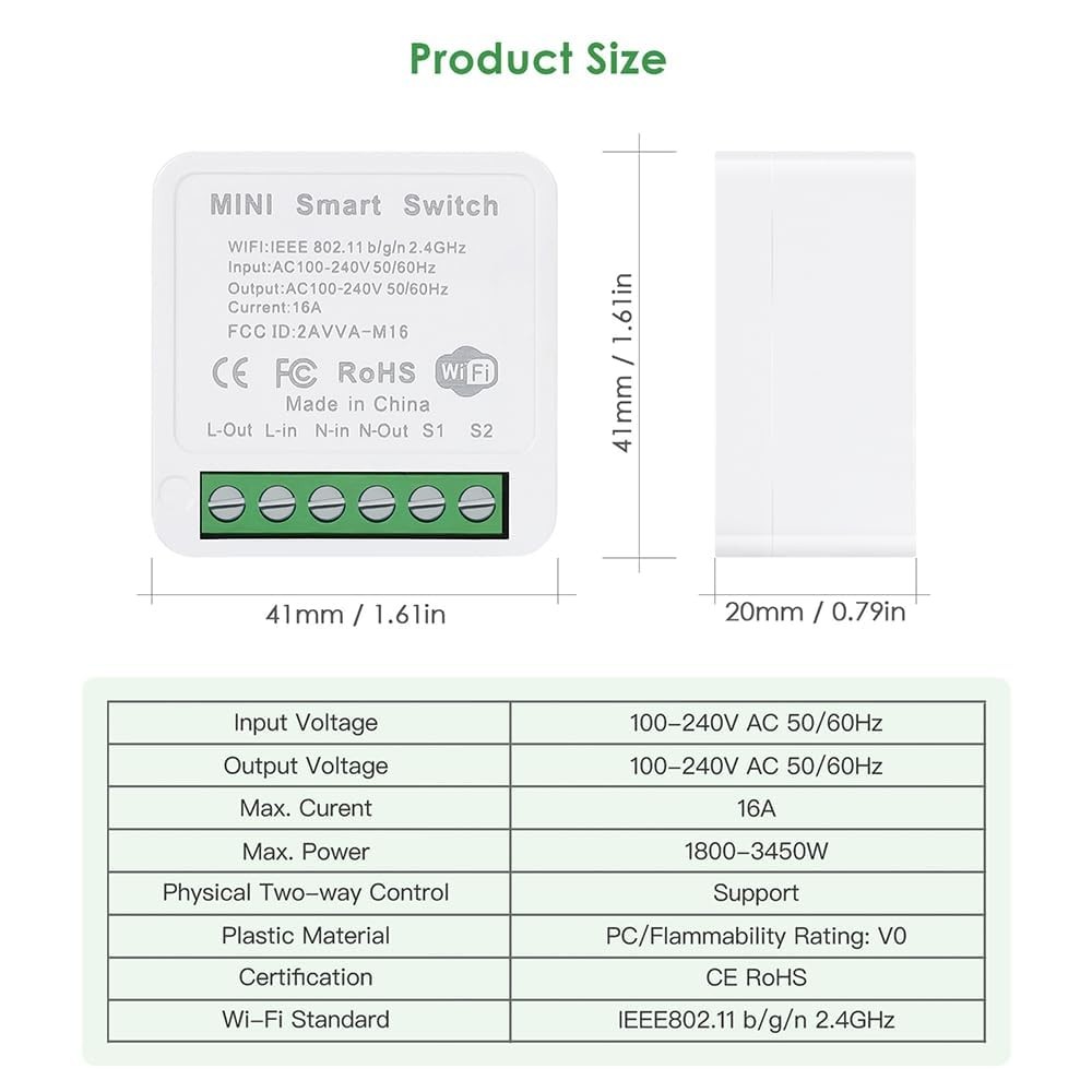 2-Pack 16A Mini Smart WiFi Switch – Alexa & Google Compatible, Timer, LAN Contro