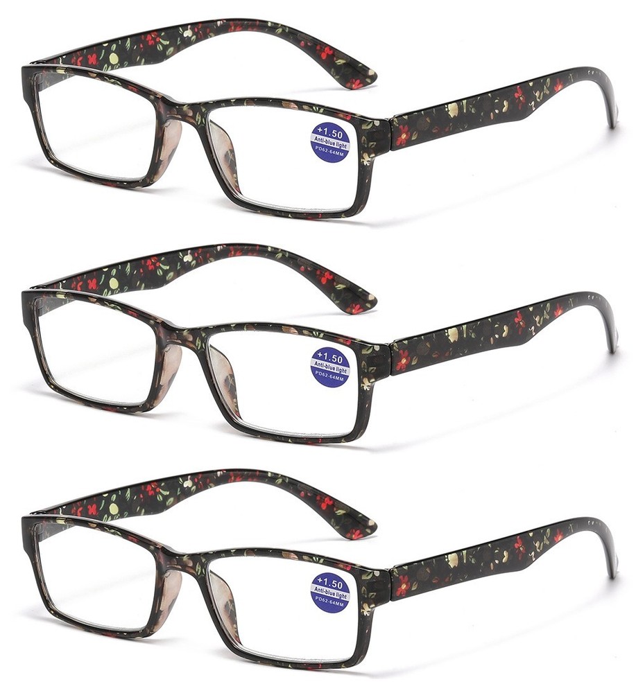 3PK Small Rectangle Full-Rim Reading Glasses PC Frame Blue Light Blocking Lens