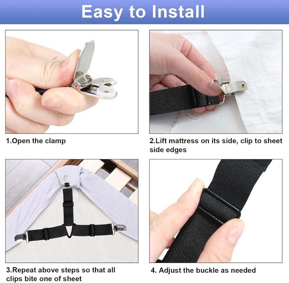 Bed Sheet Straps, 6 Pack Fitted Bed Sheet Fasteners Clips Adjustable Crisscross