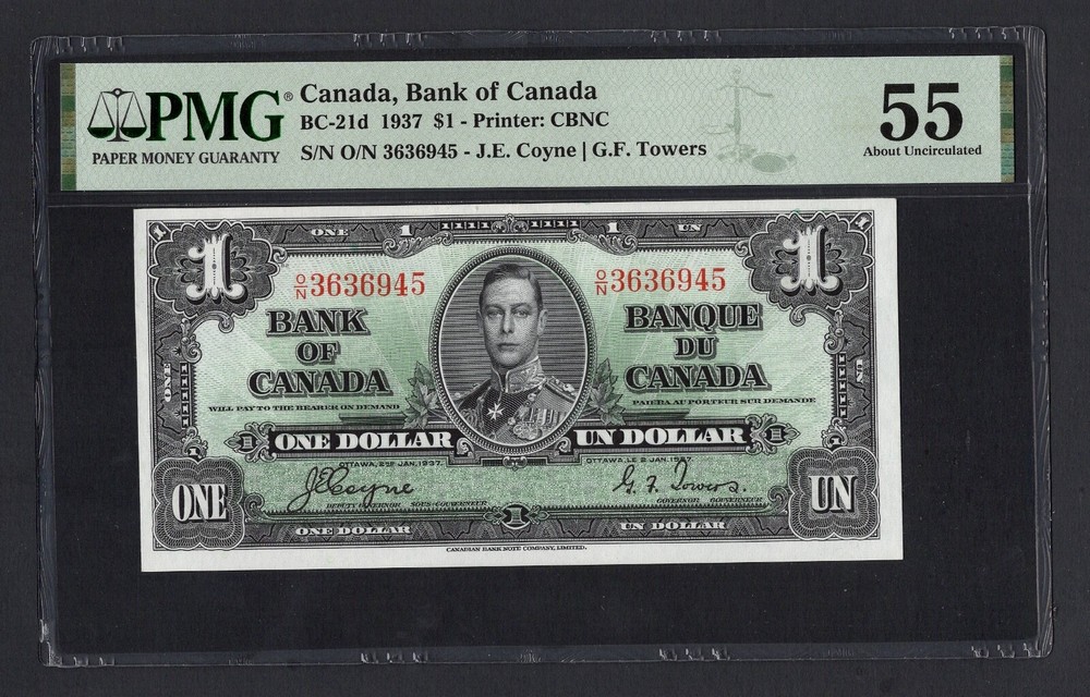 Canada One Dollar 1937 BC-21d About Uncirculated
