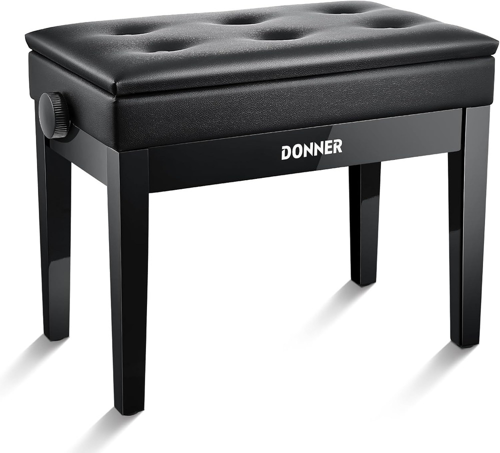 Adjustable Piano Bench with Storage & Cushion - Solid Wood Black Stool