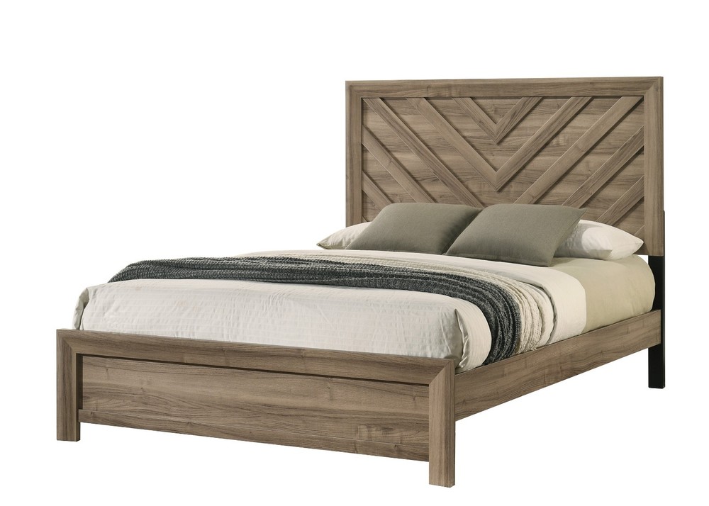 3pc Light Brown Queen Chevron-pattern Panel Bed Chest Nightstand Bedroom Set