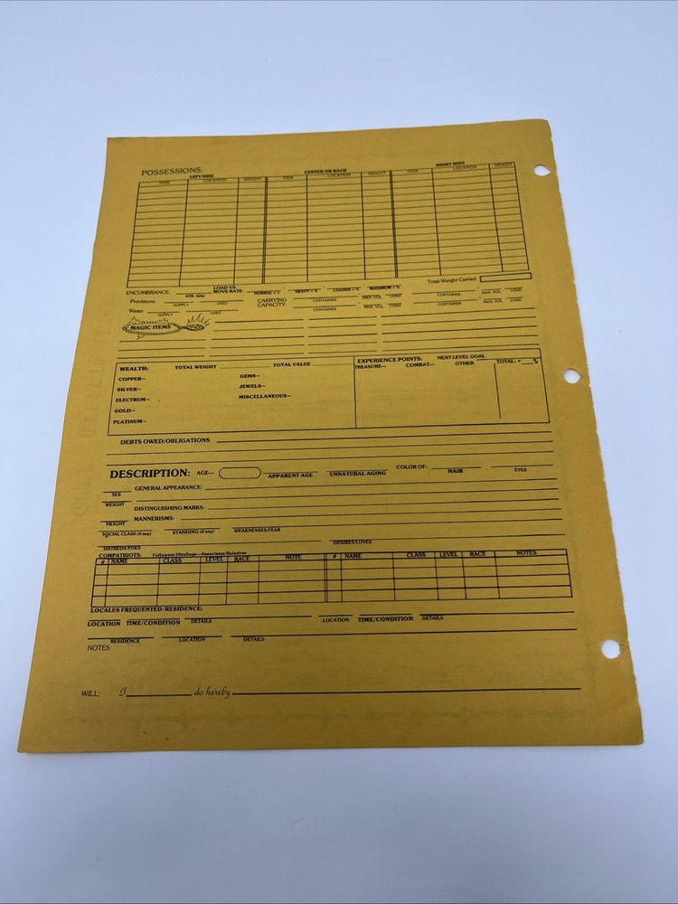 Original AD&D Player Character Record Sheet—Multi Classed Bard Light Use