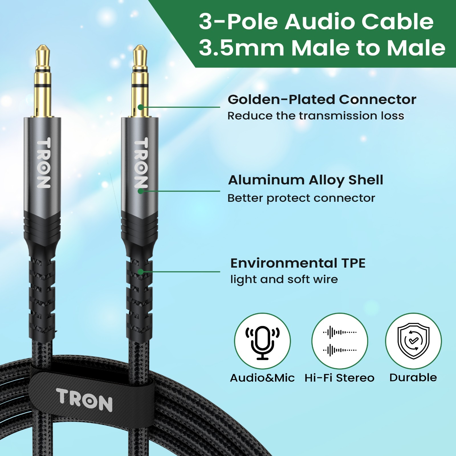 TRON Braided AUX Audio Cable (USB-C, L & Aux) – 5FT, Black