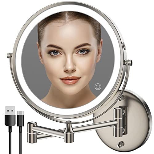 Rechargeable Wall Mounted Lighted Makeup Mirror, 8 Inch Double-Sided Nickel