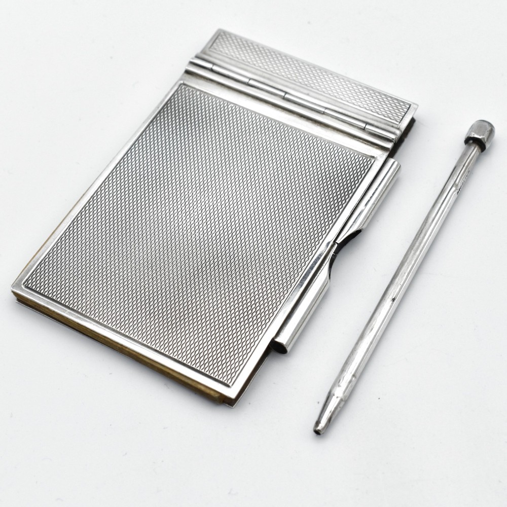 Antique Solid Silver Art Deco Notepad Notebook Holder With Pencil 1938