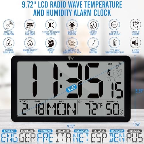 Atomic Digital Wall Clock, Battery Operated with Temperature & Black -Atomic