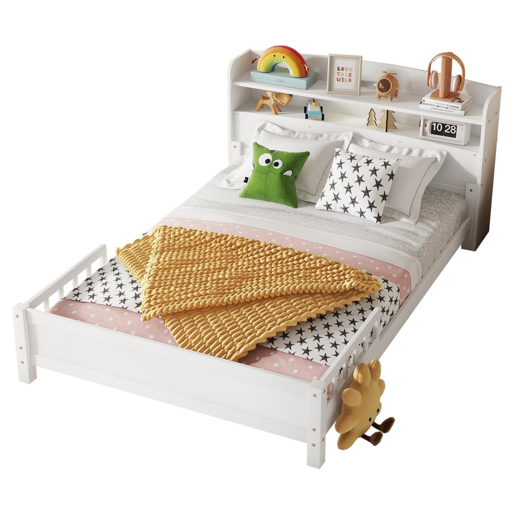 Full Size Bed Frame Wood Platform Bed Frame w/ Storage Headboard & LED Light