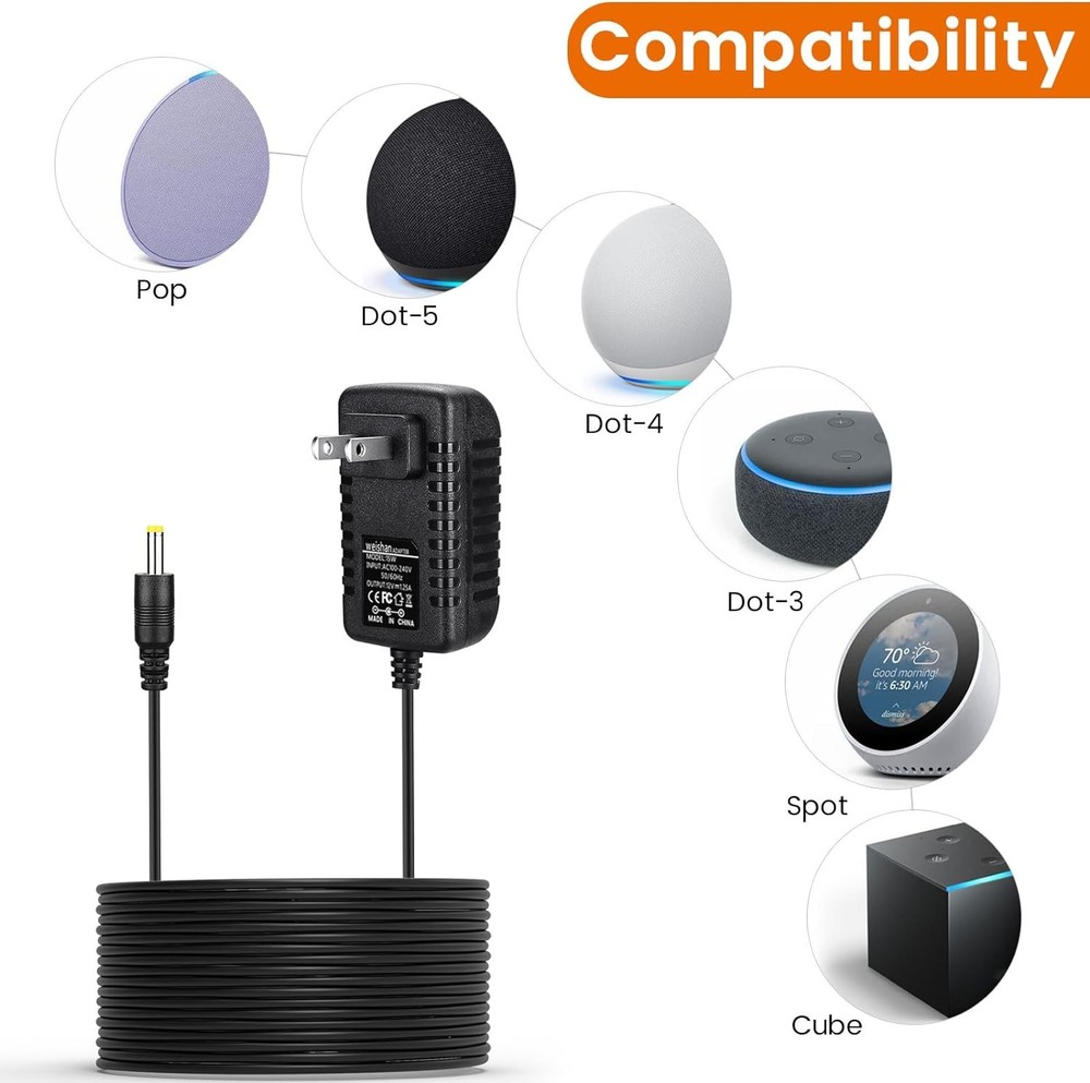 15W Power Adapter Replacement for Echo Pop, Dot 5Th Gen, Dot 4Th Gen,Dot 3Rd Gen