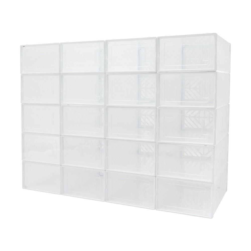 20 Pack White Plastic Shoe Boxes With Lids Stackable Storage Containers Organize